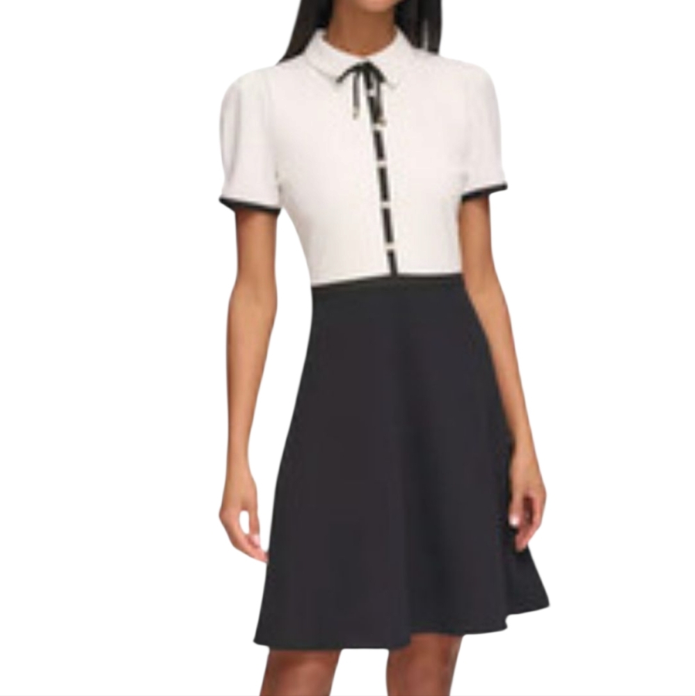 Karl Lagerfeld Paris Puff Slevees  Black and White Mini Fit And Flare Dress.10